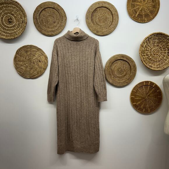 MNG MANGO Brown Wool Blend Ribbed Knit Turtleneck Midi Sweater Dress 2 Neutral - Picture 1 of 6